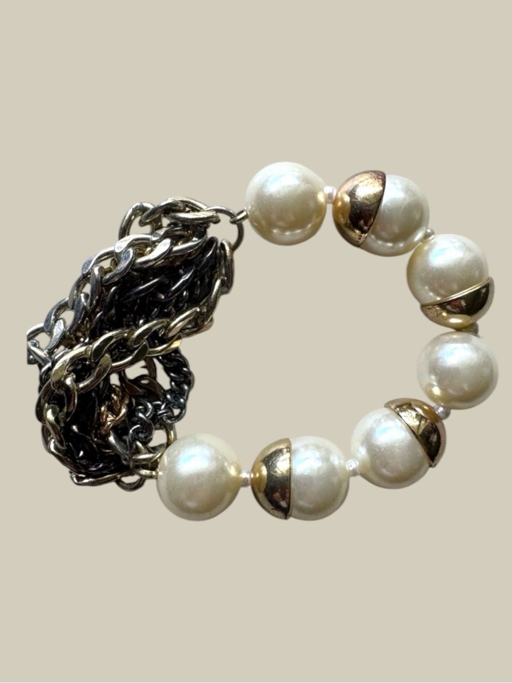 Faux Pearl Beaded Bracelet Mixed Metal Chain Statement Bracelet